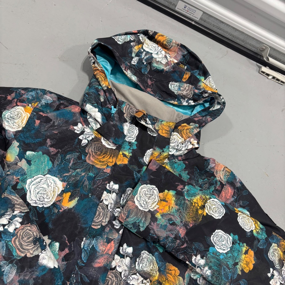 Smaining Floral Hooded Ski Jacket Womens Medium Black Teal Rose Snowboard Coat